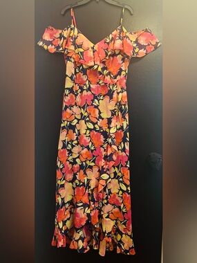 London Times Navy Floral High-Low Maxi Dress with Coral & Yellow Blooms